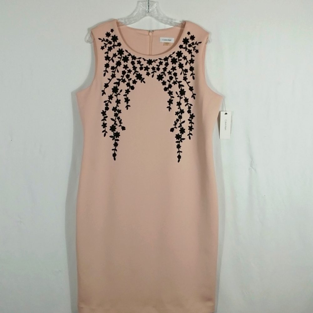 Calvin Klein Dress Women's Pink Floral Black Bead Print Sleeveless Above Knee 16